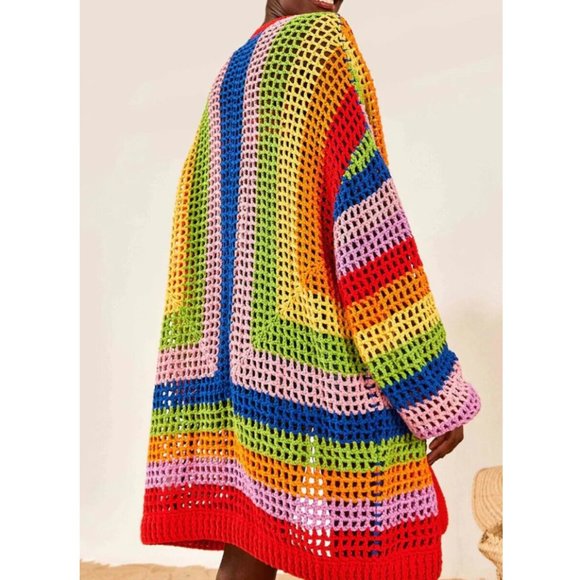 FARM Rio Sweaters - Farm Rio Multicolor Rainbow Crochet Cardigan Sweater